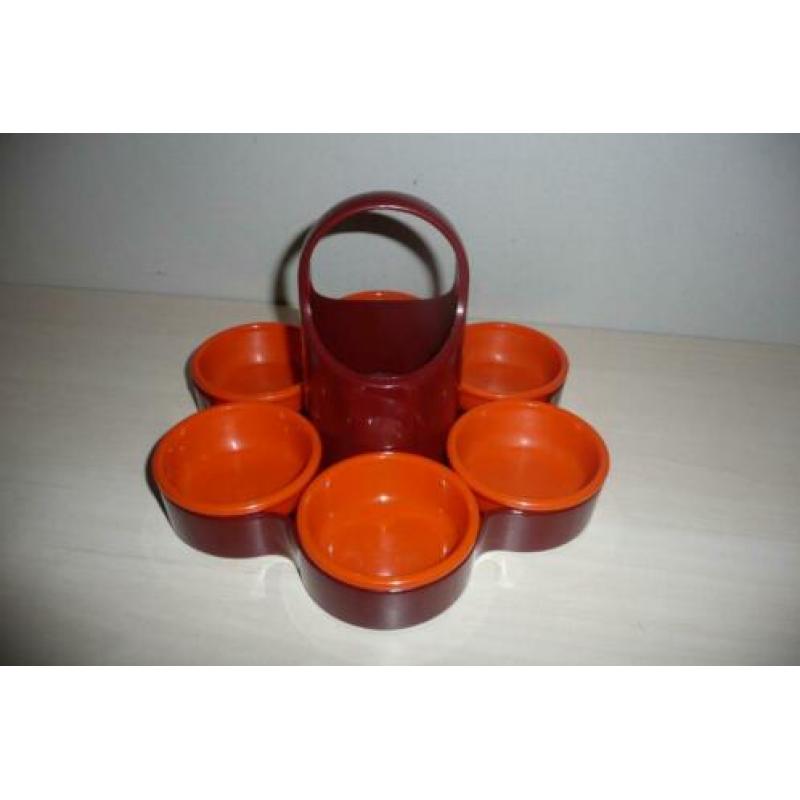 Vintage schalenset/eierdopjes. Oranje/bruin.Jaren 70. Emsa