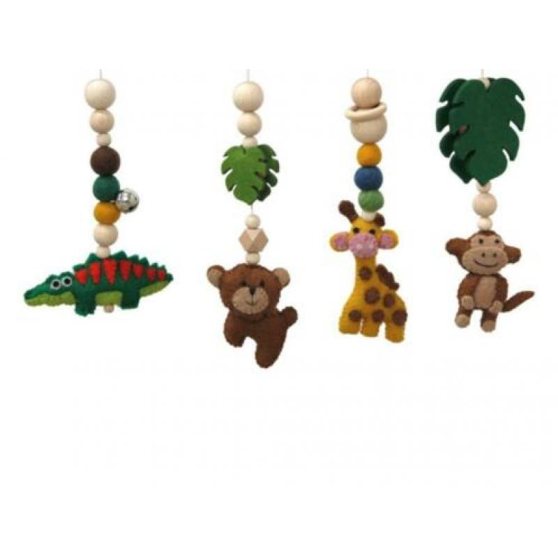 Houten babygym standaard + vilten jungle dieren speelgoed