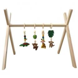 Houten babygym standaard + vilten jungle dieren speelgoed