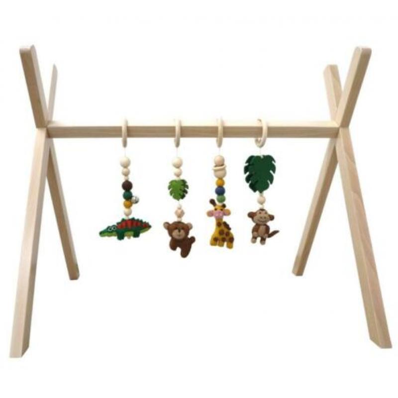 Houten babygym standaard + vilten jungle dieren speelgoed