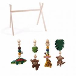 Houten babygym standaard + vilten jungle dieren speelgoed